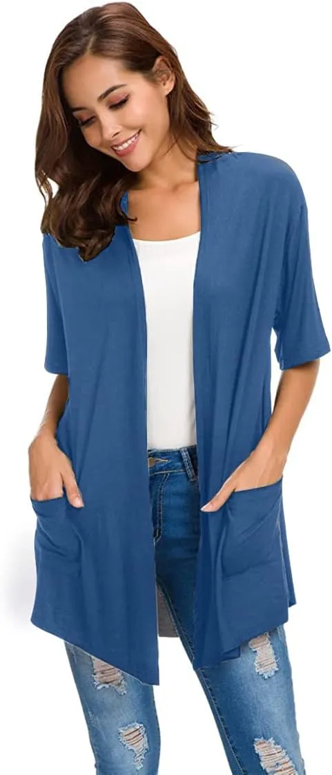 ADANIKI Womens Short Sleeve Open Front Lightweight Casual Comfy Long Line Drape Hem Soft Modal Cardigans Sweater