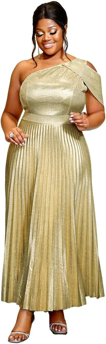 AOMEI Womens Sparkly Metallic Flowy Pleated Dress One Shoulder Empire Waist Long Shimmer Gowns and Evening Dresses