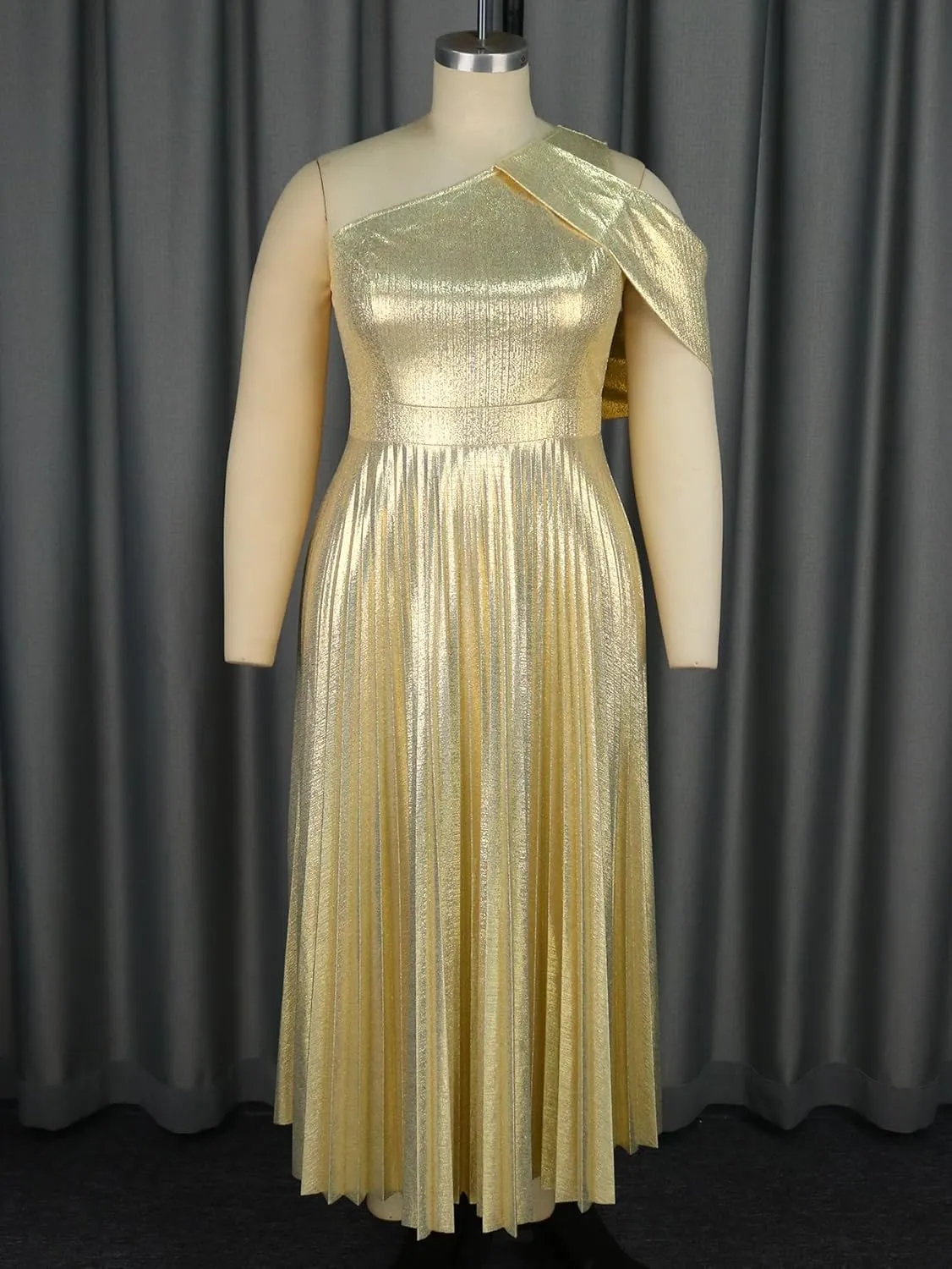 AOMEI Womens Sparkly Metallic Flowy Pleated Dress One Shoulder Empire Waist Long Shimmer Gowns and Evening Dresses