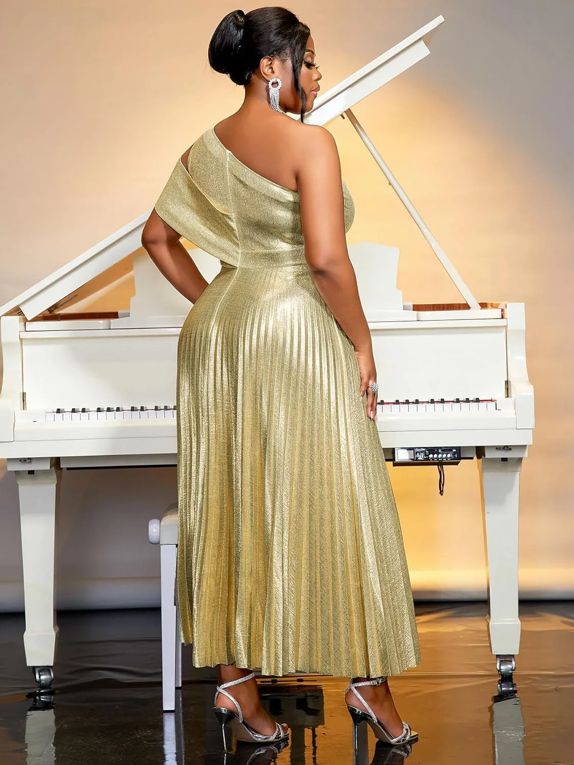 AOMEI Womens Sparkly Metallic Flowy Pleated Dress One Shoulder Empire Waist Long Shimmer Gowns and Evening Dresses