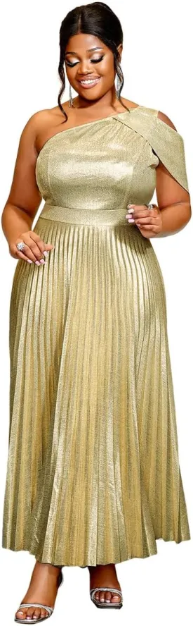 AOMEI Womens Sparkly Metallic Flowy Pleated Dress One Shoulder Empire Waist Long Shimmer Gowns and Evening Dresses
