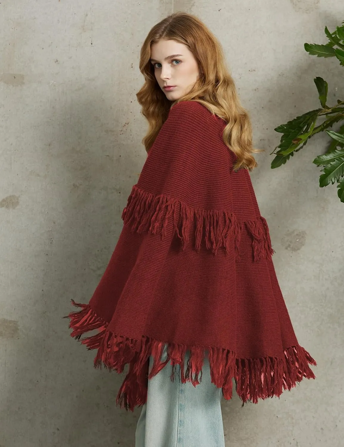 BEAUZSUZSANA Women Wool Blend Cape Poncho Shawl Knitted Cardigans with Button Tassel