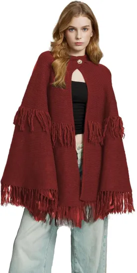 BEAUZSUZSANA Women Wool Blend Cape Poncho Shawl Knitted Cardigans with Button Tassel