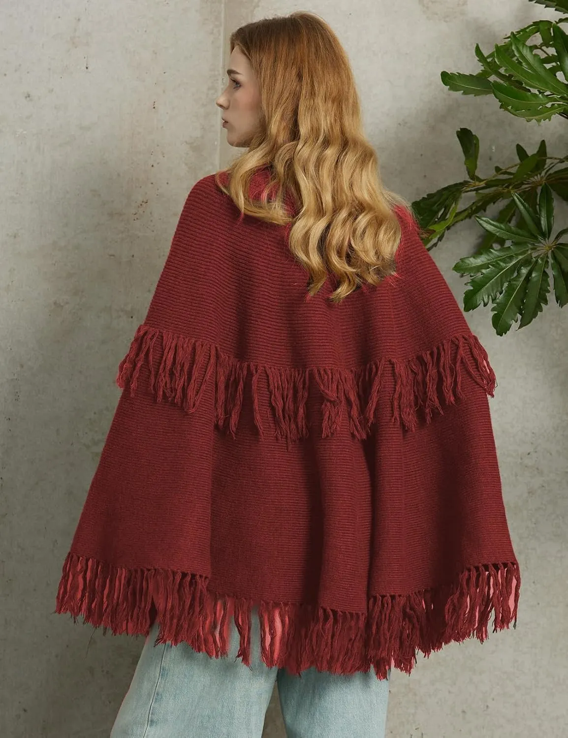 BEAUZSUZSANA Women Wool Blend Cape Poncho Shawl Knitted Cardigans with Button Tassel