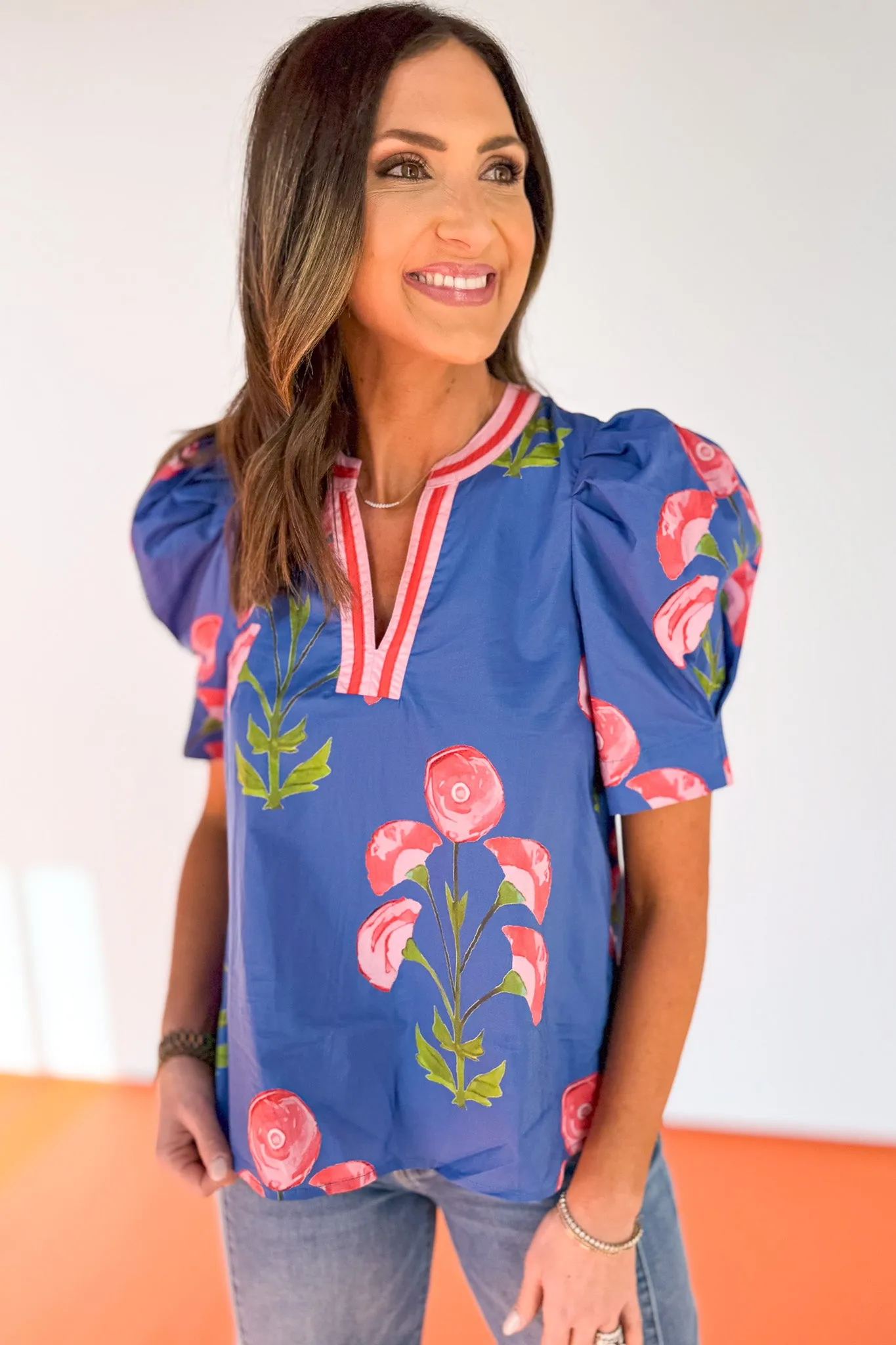 Blue Floral Print Contrast Stripe V Neck Puff Sleeve Top