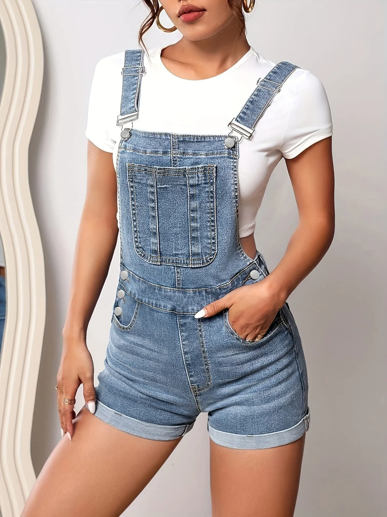Button-Down Denim Shortalls