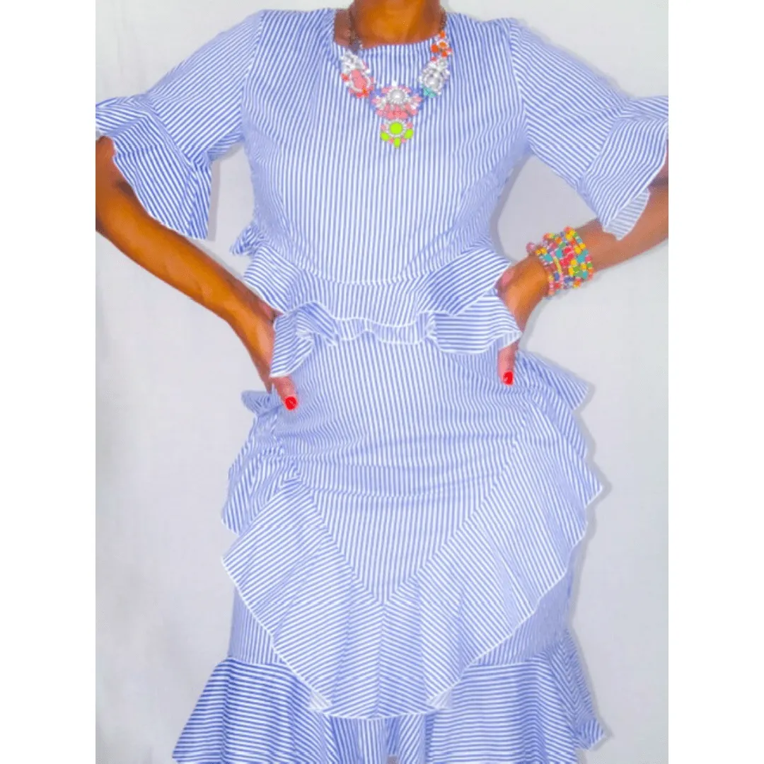 CHARISMA BLUE AND WHITE STRIPED CUT OUT DRESS