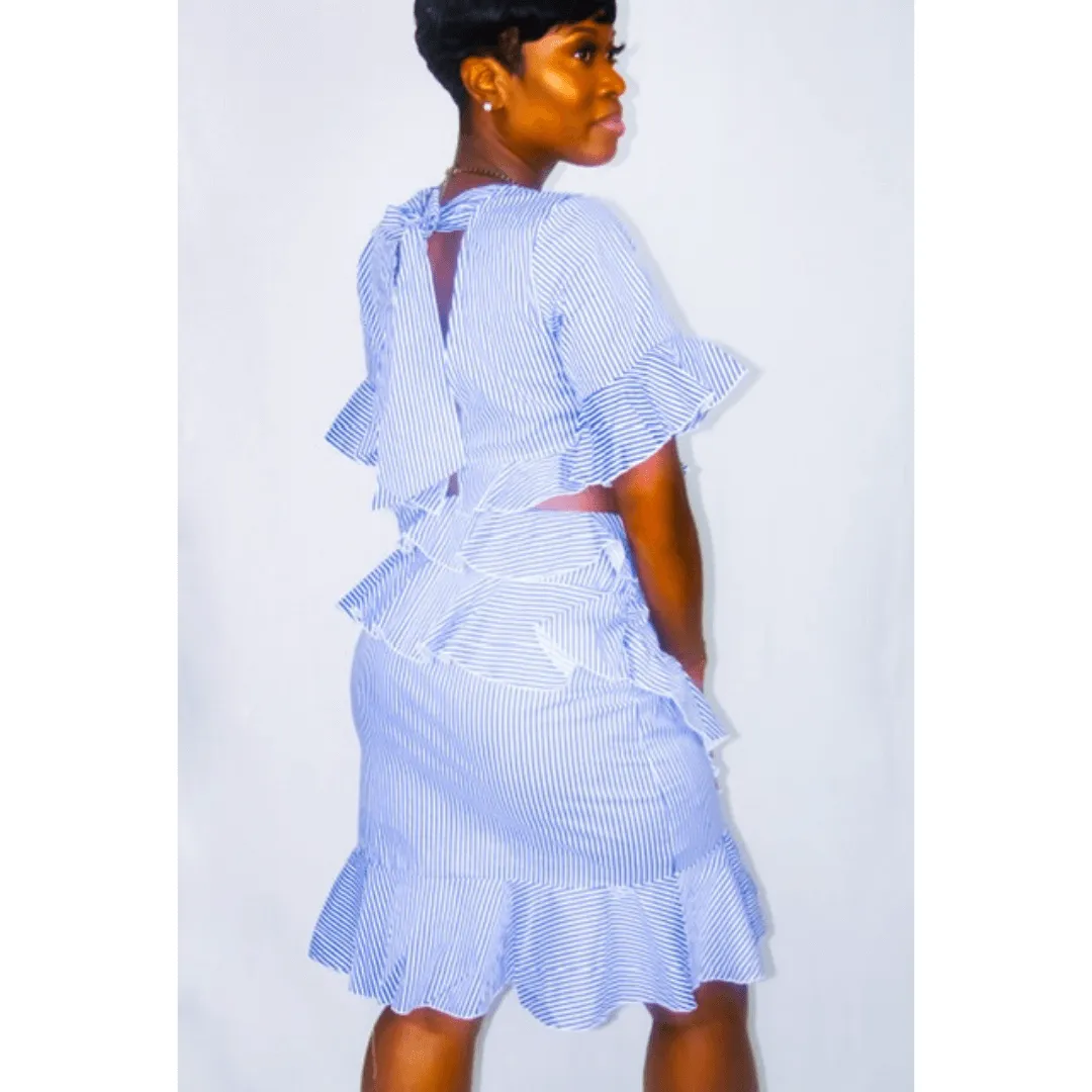 CHARISMA BLUE AND WHITE STRIPED CUT OUT DRESS