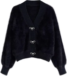CHICWISH Women Crop Fuzzy Cardigan Bowknot Brooch Button Knit Cardigans Open Front Long Sleeves Sweater Tops CHICWISH Women Crop Fuzzy Cardigan Bowknot Brooch Button Knit Cardigans Open Front Long Sleeves Sweater Tops