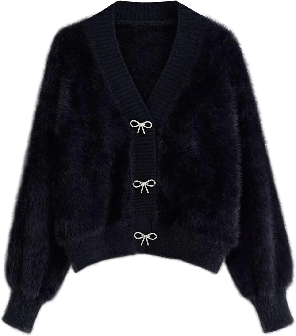 CHICWISH Women Crop Fuzzy Cardigan Bowknot Brooch Button Knit Cardigans Open Front Long Sleeves Sweater Tops