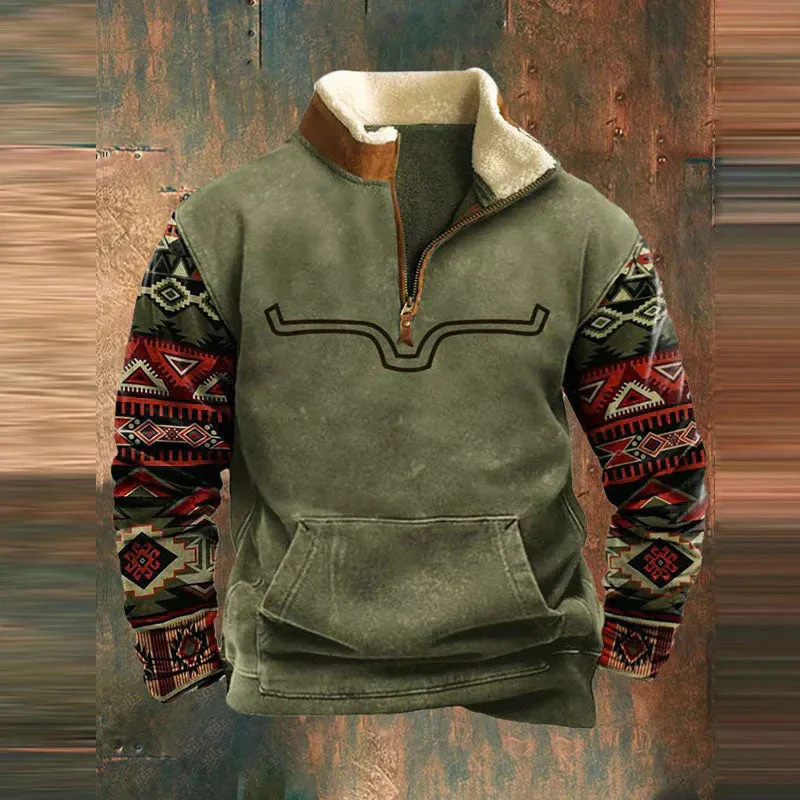 Clint - Cozy Western Zip-Up Jumper with Longhorn Detail