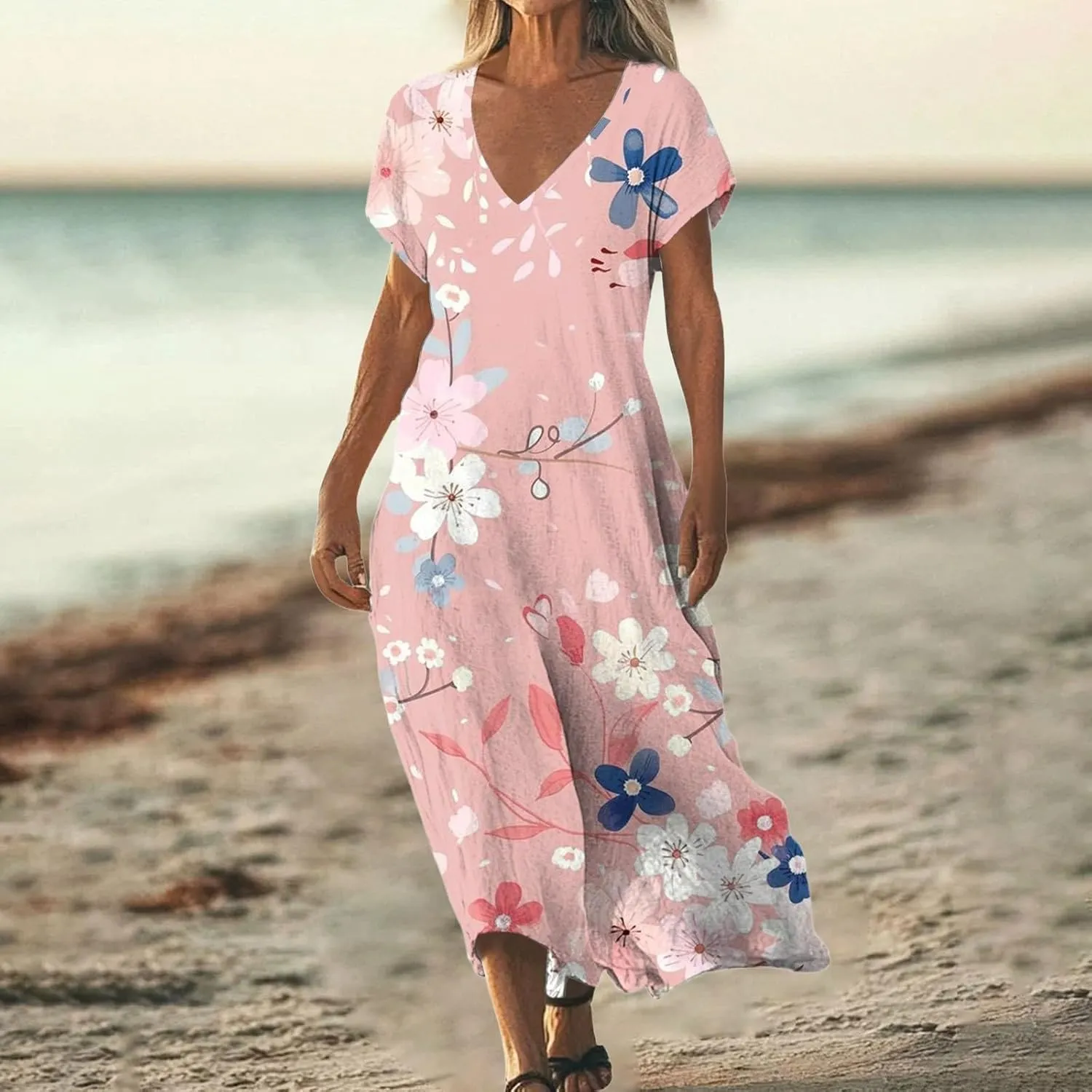 Cotton Linen Dresses for Women 2025 Maxi V Neck Short Sleeve Summer Fashion Casual Boho Dress Flowy Beach Vacation Clothes