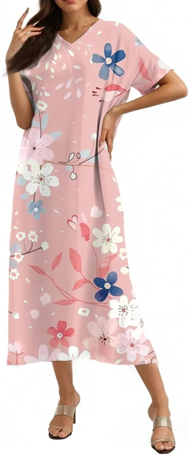 Cotton Linen Dresses for Women 2025 Maxi V Neck Short Sleeve Summer Fashion Casual Boho Dress Flowy Beach Vacation Clothes