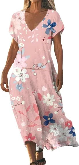 Cotton Linen Dresses for Women 2025 Maxi V Neck Short Sleeve Summer Fashion Casual Boho Dress Flowy Beach Vacation Clothes