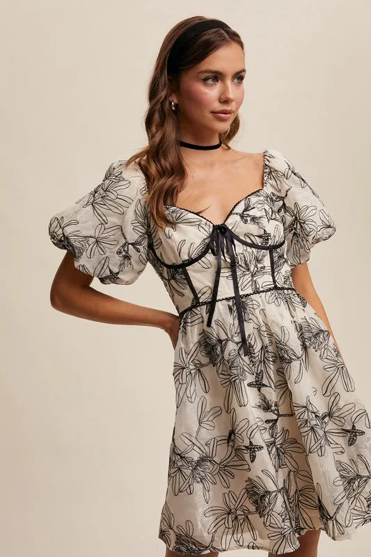 Ecru Puff Sleeve Floral Mini Dress