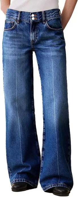 Flamingals Straight Leg Jeans for Women Mid Waist Baggy Double Button Wash Denim Jeans