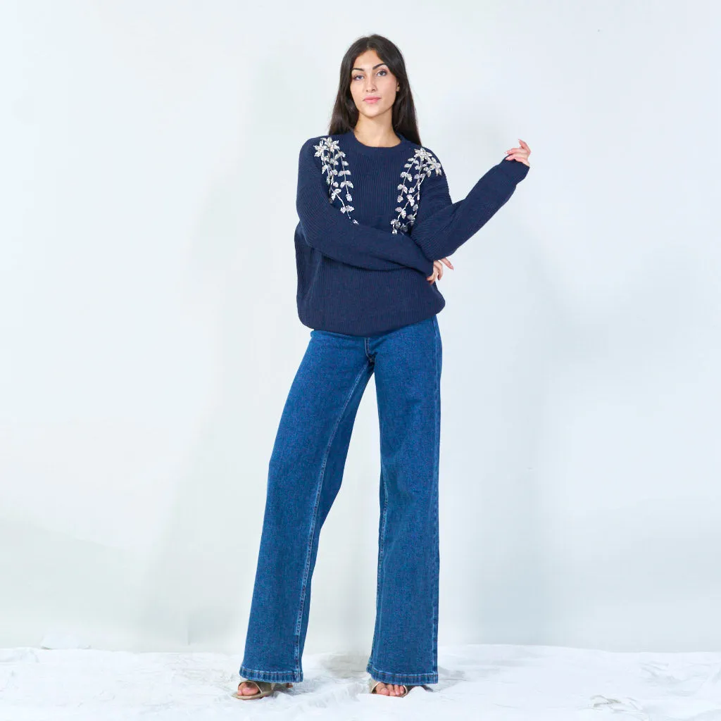 Floral embellished soft knit sweater wholesale