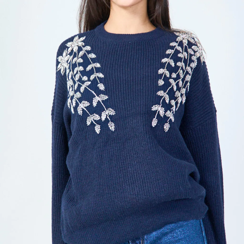 Floral embellished soft knit sweater wholesale