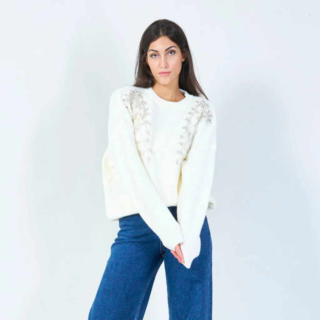 Floral embellished soft knit sweater wholesale