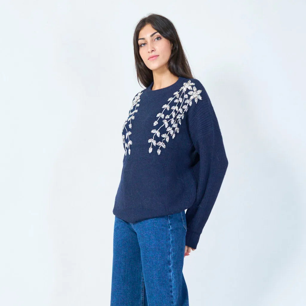 Floral embellished soft knit sweater wholesale