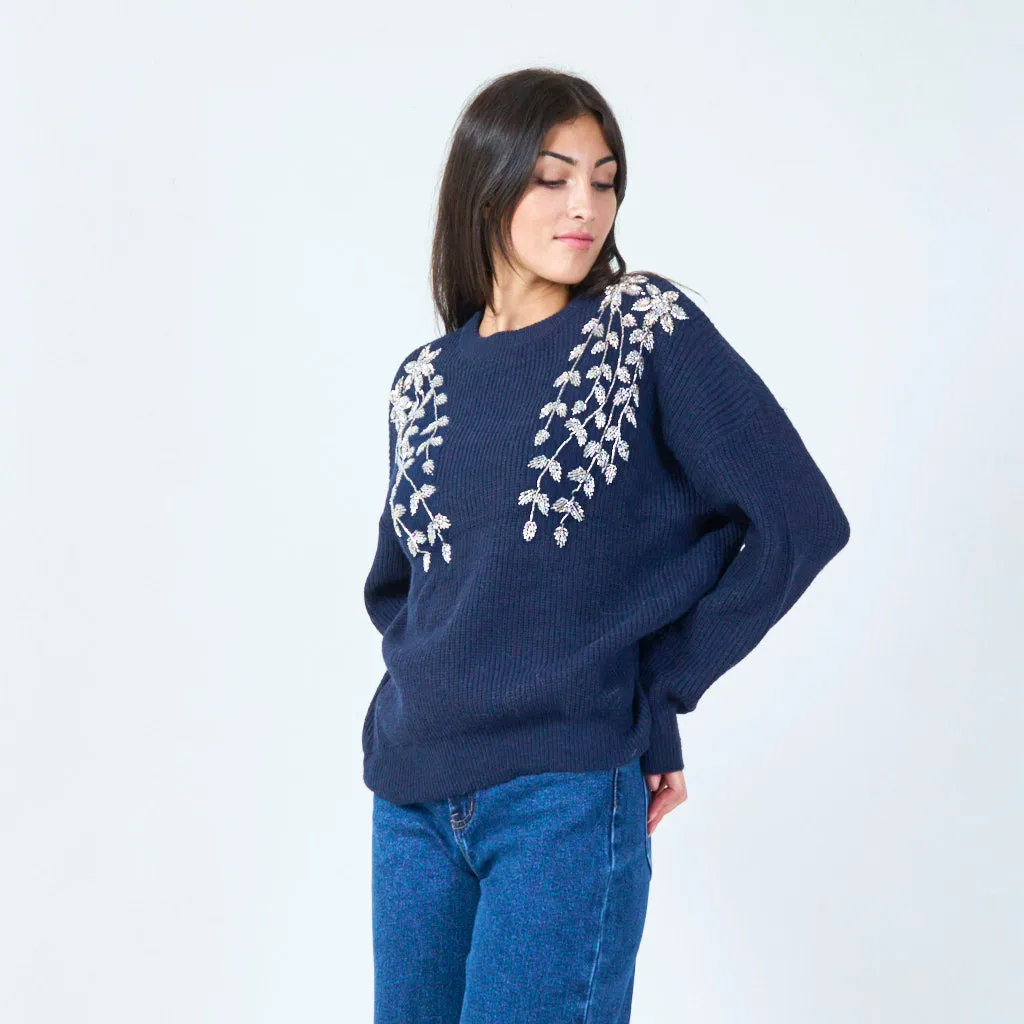 Floral embellished soft knit sweater wholesale