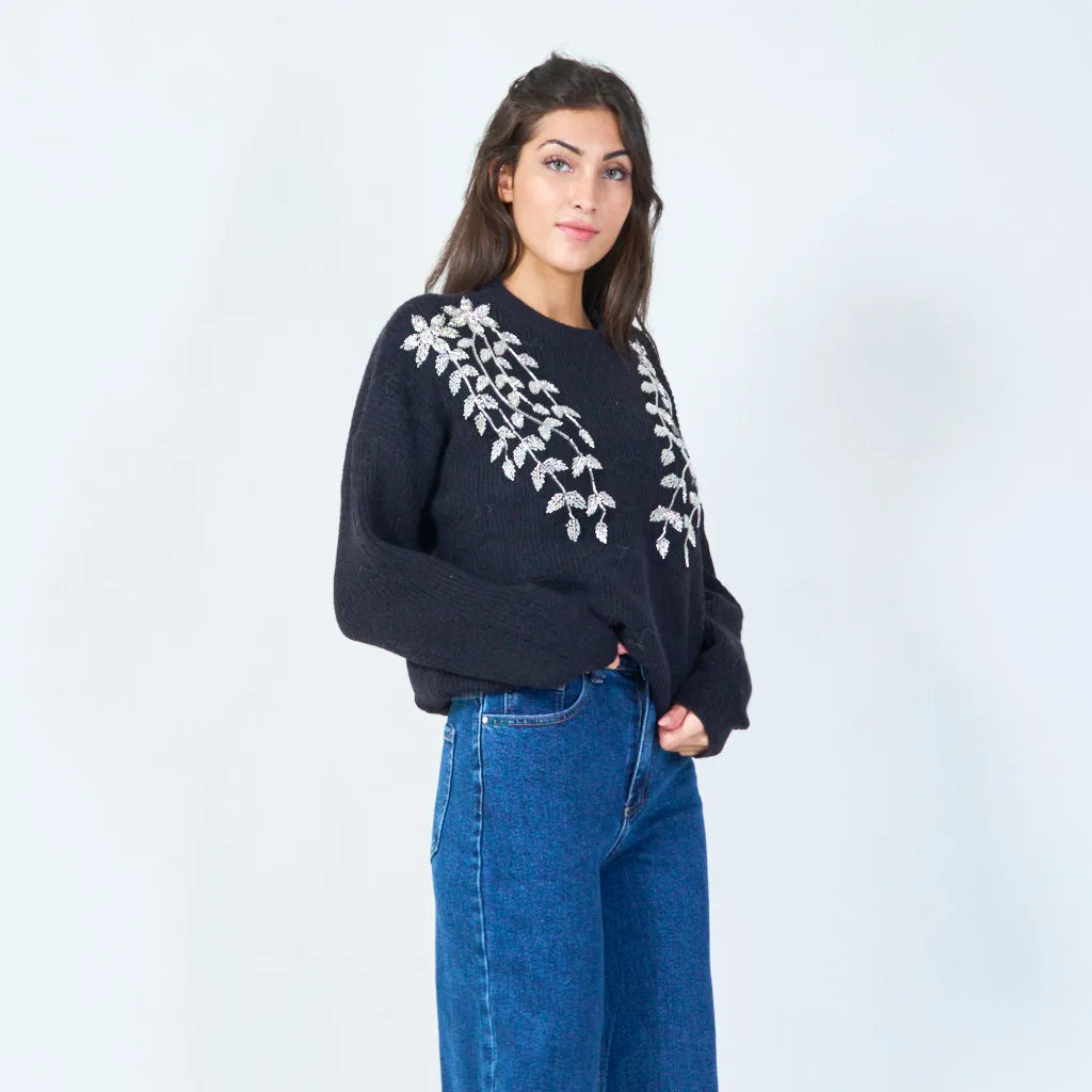 Floral embellished soft knit sweater wholesale