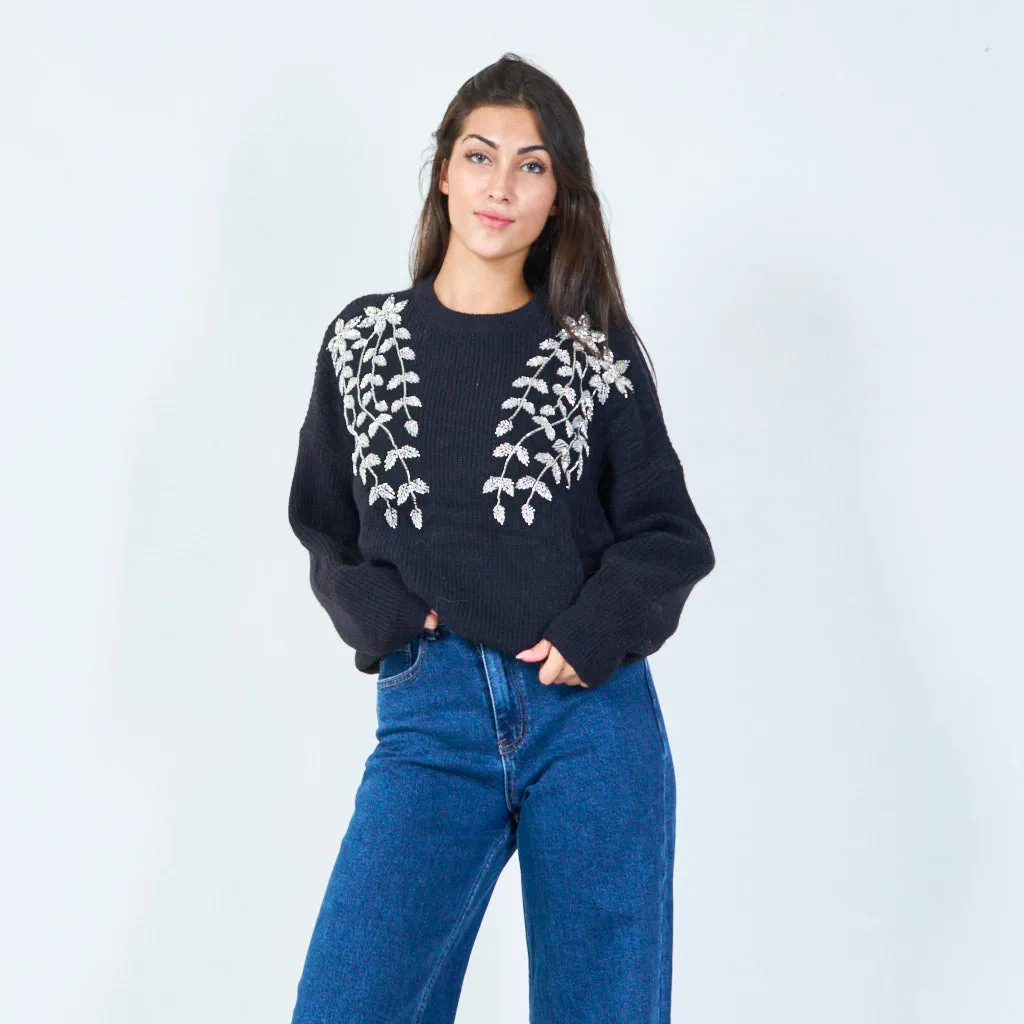 Floral embellished soft knit sweater wholesale