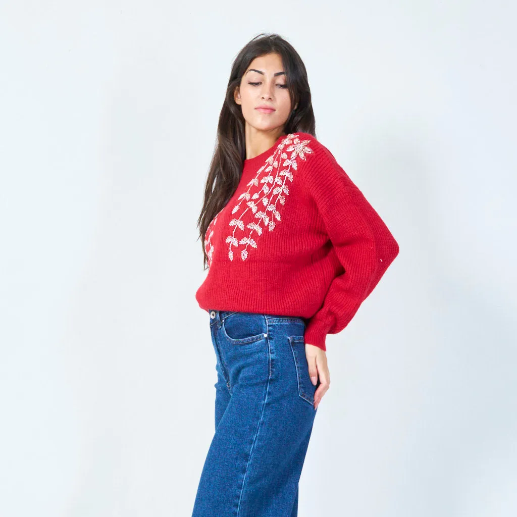 Floral embellished soft knit sweater wholesale