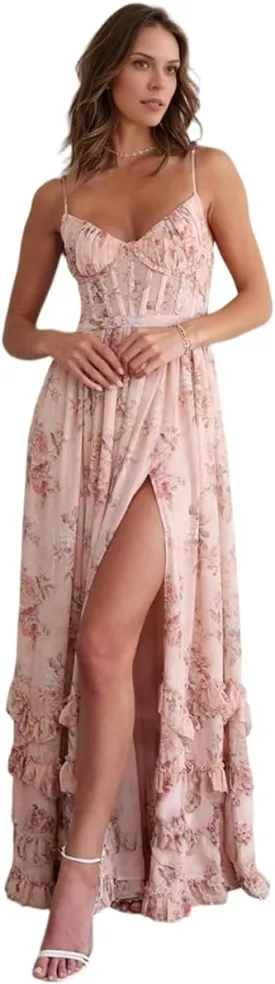 Floral Printed Chiffon Prom Dress with Silt Spaghetti Straps Ball Gown Ruffle Hem Long Formal Evening Party Dress