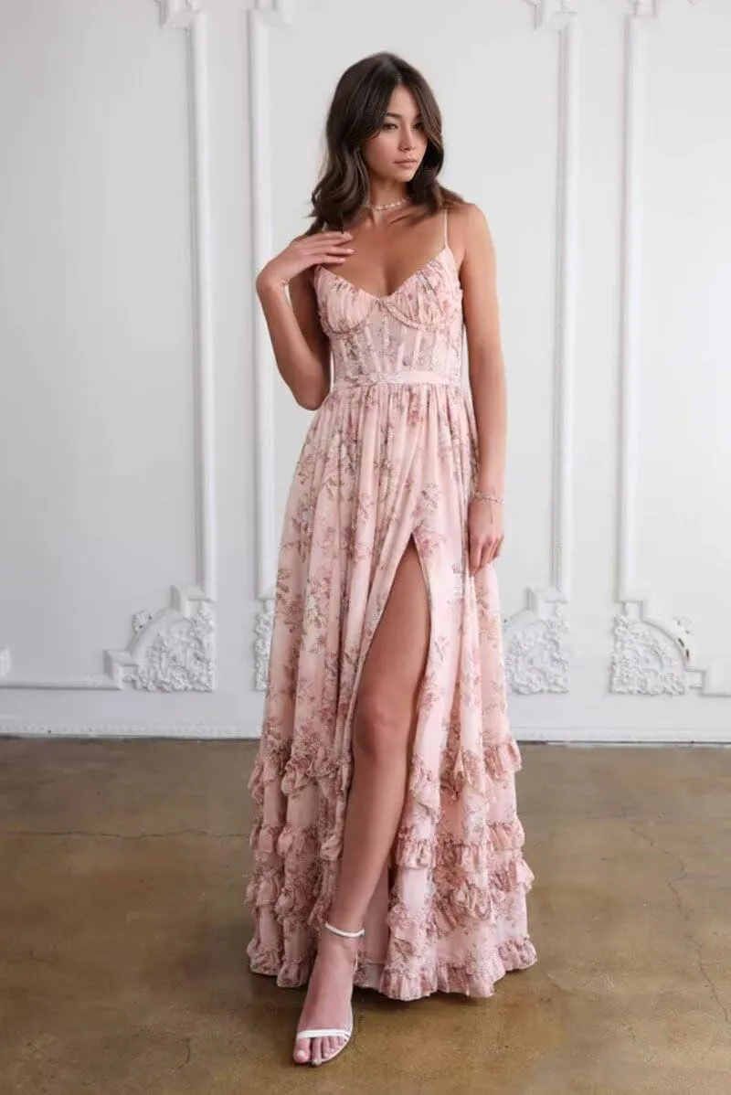 Floral Printed Chiffon Prom Dress with Silt Spaghetti Straps Ball Gown Ruffle Hem Long Formal Evening Party Dress