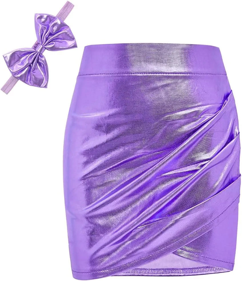 Girls Metallic Skirts Sparkle Shiny Toddler Baby Mini Ruched Skirts PU Faux Leather Short Skirt with Cute Headbands