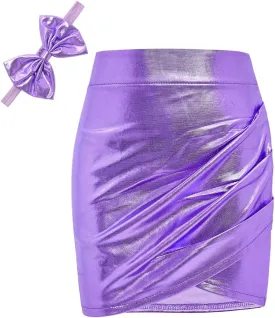 Girls Metallic Skirts Sparkle Shiny Toddler Baby Mini Ruched Skirts PU Faux Leather Short Skirt with Cute Headbands
