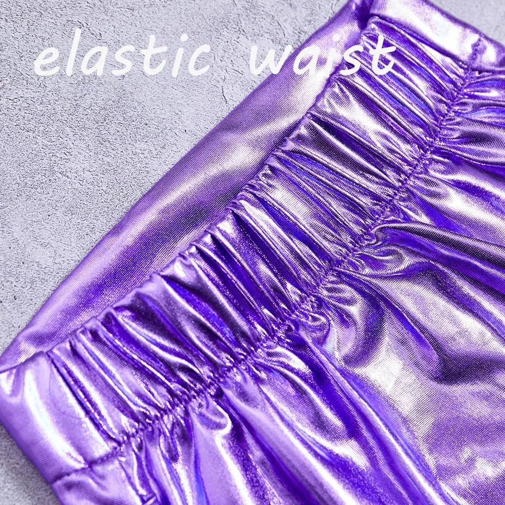 Girls Metallic Skirts Sparkle Shiny Toddler Baby Mini Ruched Skirts PU Faux Leather Short Skirt with Cute Headbands