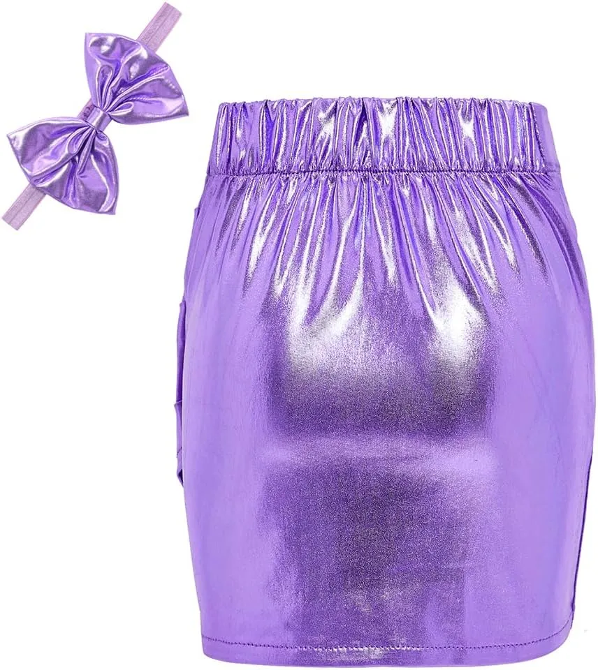 Girls Metallic Skirts Sparkle Shiny Toddler Baby Mini Ruched Skirts PU Faux Leather Short Skirt with Cute Headbands