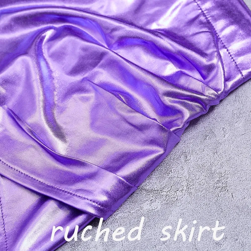 Girls Metallic Skirts Sparkle Shiny Toddler Baby Mini Ruched Skirts PU Faux Leather Short Skirt with Cute Headbands