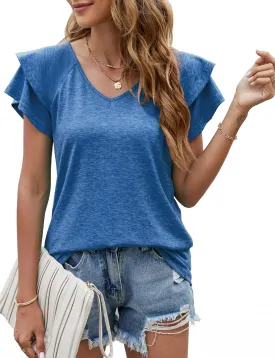 GZ-LAOPAITOU Ruffle Sleeve Tops for Women Cotton Short Sleeve Shirts V Neck Blouses Casual T Shirts