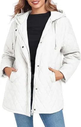HOTIAN Quilted Jacket for Women Long Puffer Coat Lightweight Hooded Winter Padded Down Jacket Outerwear Coats