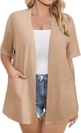 IN'VOLAND Women Plus Size Lightweight Cardigan Short Sleeve Open Front Casual Summer Kimonos Cardigans with Pockets