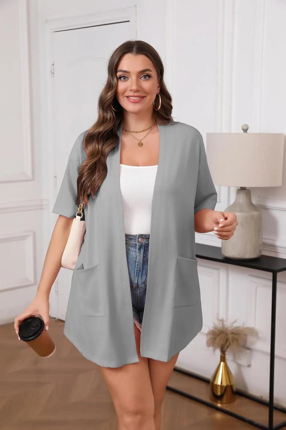 IN'VOLAND Women Plus Size Lightweight Cardigan Short Sleeve Open Front Casual Summer Kimonos Cardigans with Pockets