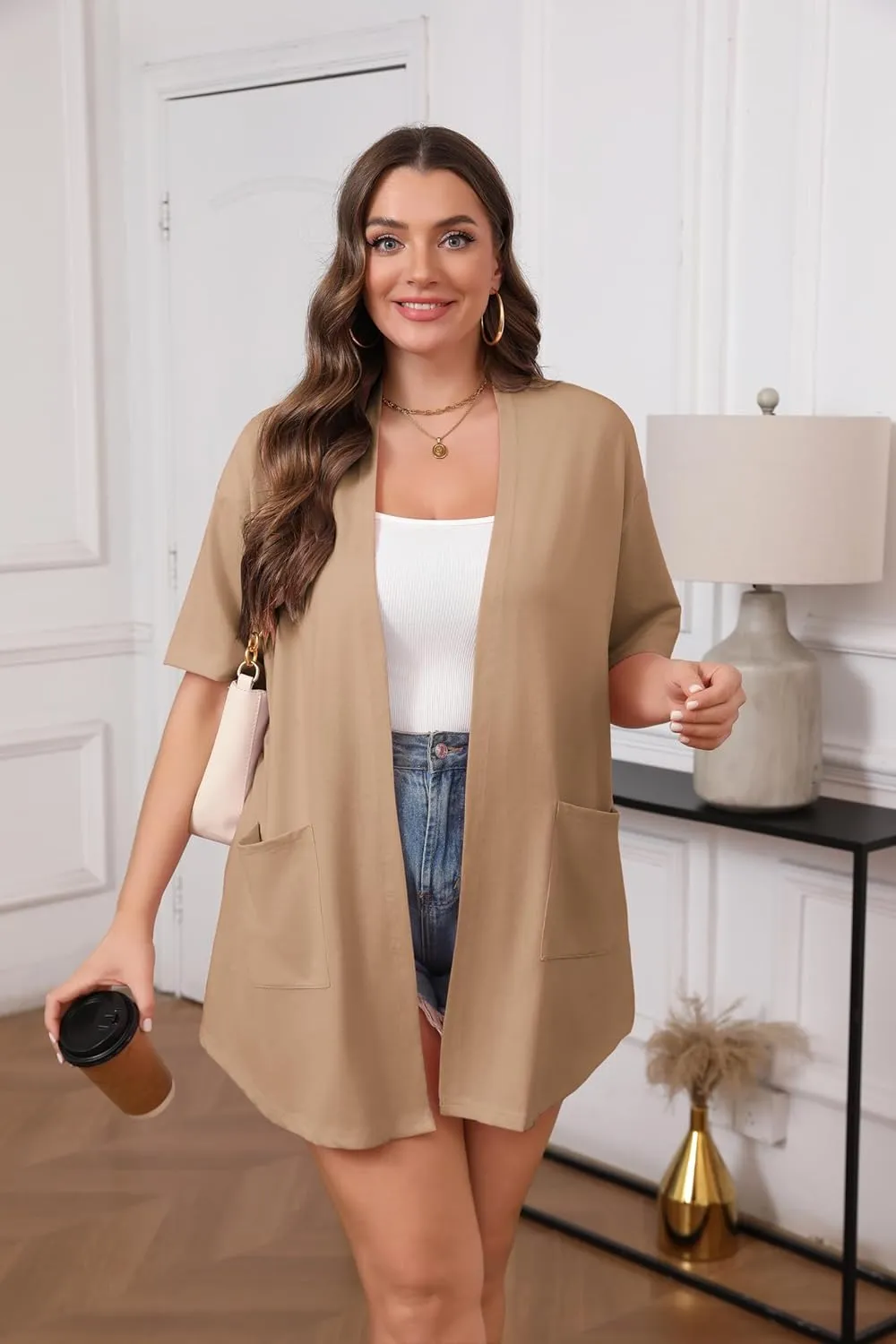 IN'VOLAND Women Plus Size Lightweight Cardigan Short Sleeve Open Front Casual Summer Kimonos Cardigans with Pockets