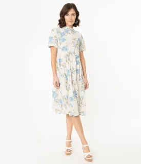 Ivory & Blue Floral Print Short Sleeve Dress
