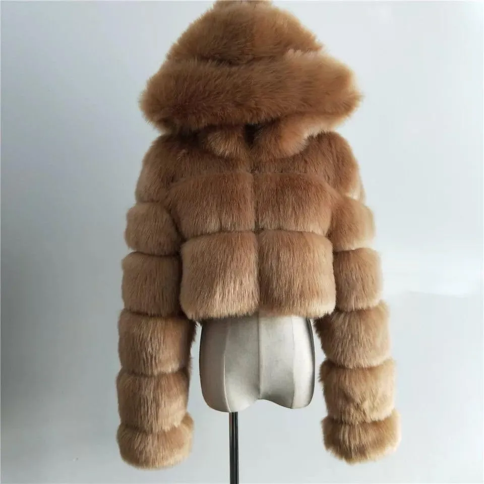 KELYWELL Womens Long Sleeve Faux Fur Cropped Coat Jacket Sherpa Fleece Fuzzy Shaggy Hooded 2023 Fleece Short Warm Jacket