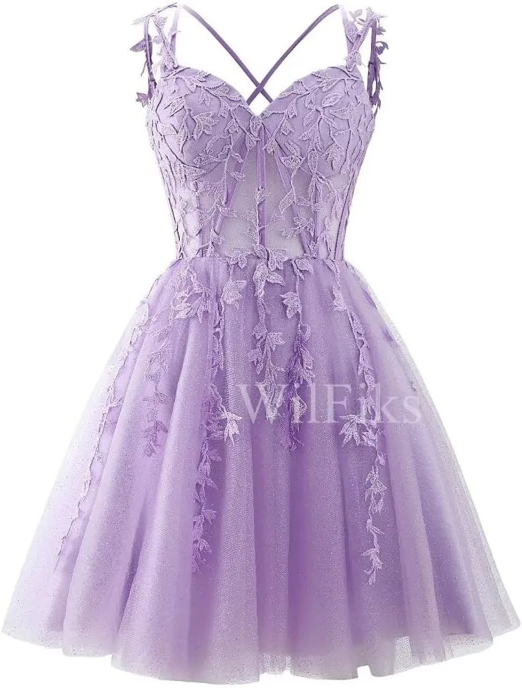 Lace Applique Corset Homecoming Dresses for Teens Short Sweetheart Sparkly Tulle Prom Dress A-Line Cocktail Party Gown
