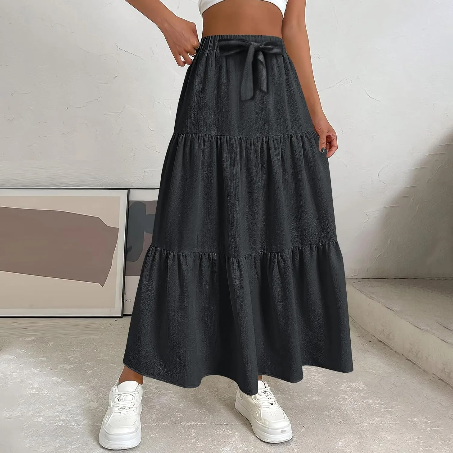 Linen Maxi Skirts for Women Casual Flowy Swing A-Line Skirt Bow Tie Elastic Waist Tiered Long Beach Dress