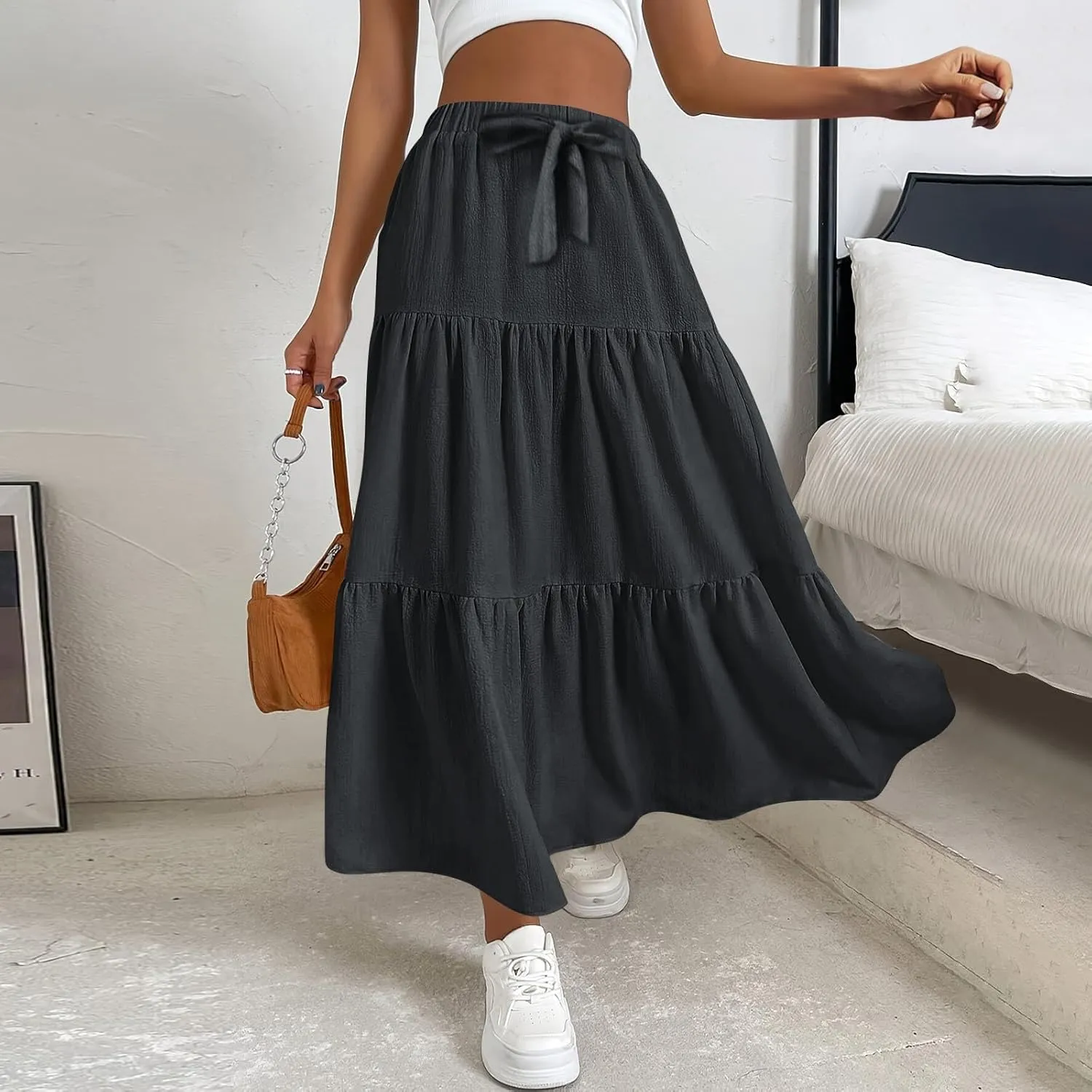 Linen Maxi Skirts for Women Casual Flowy Swing A-Line Skirt Bow Tie Elastic Waist Tiered Long Beach Dress