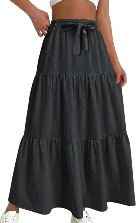 Linen Maxi Skirts for Women Casual Flowy Swing A-Line Skirt Bow Tie Elastic Waist Tiered Long Beach Dress Linen Maxi Skirts for Women Casual Flowy Swing A-Line Skirt Bow Tie Elastic Waist Tiered Long Beach Dress