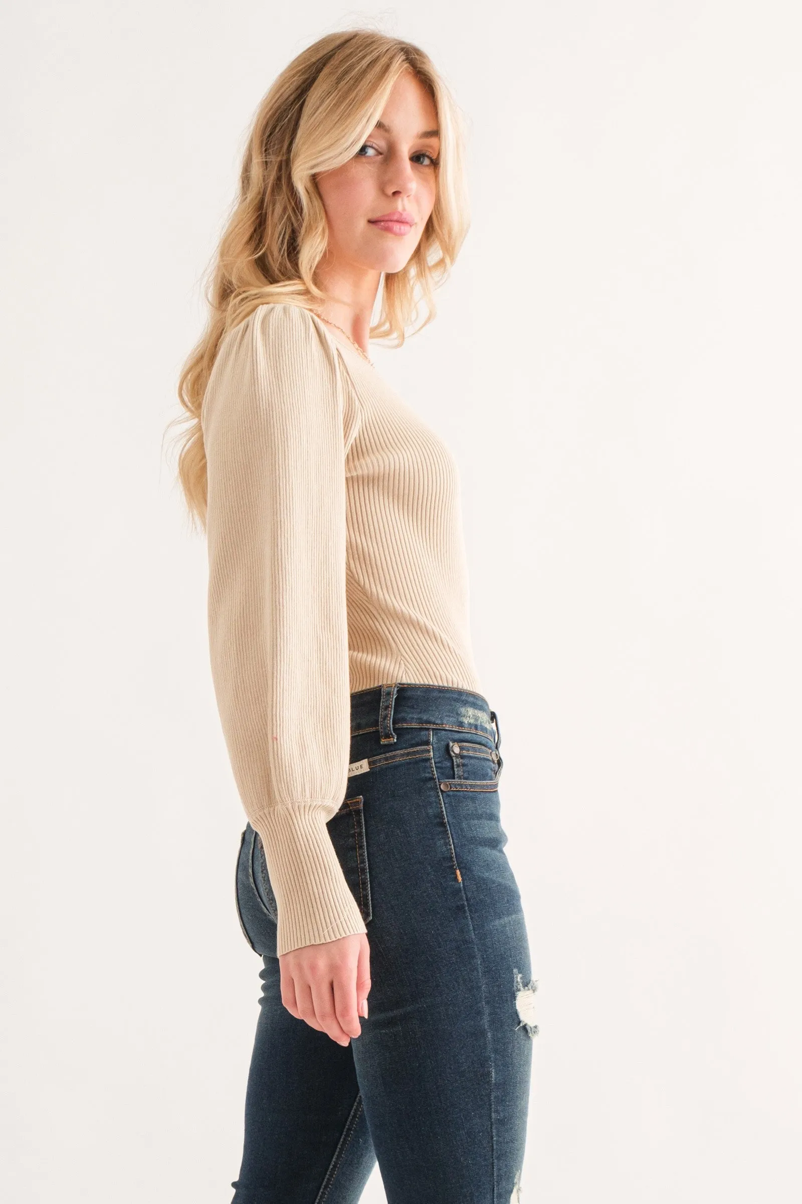 LIZAKOSHT  -  And The Why Ribbed Round Neck Puff Sleeve Bodysuit