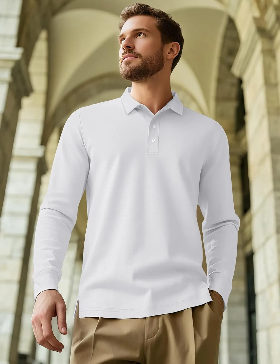 MAGCOMSEN Men's Polo Shirt Long Sleeve Golf Shirts Quick Dry Lightweight 3-Button Performance Work Fishing Athletic