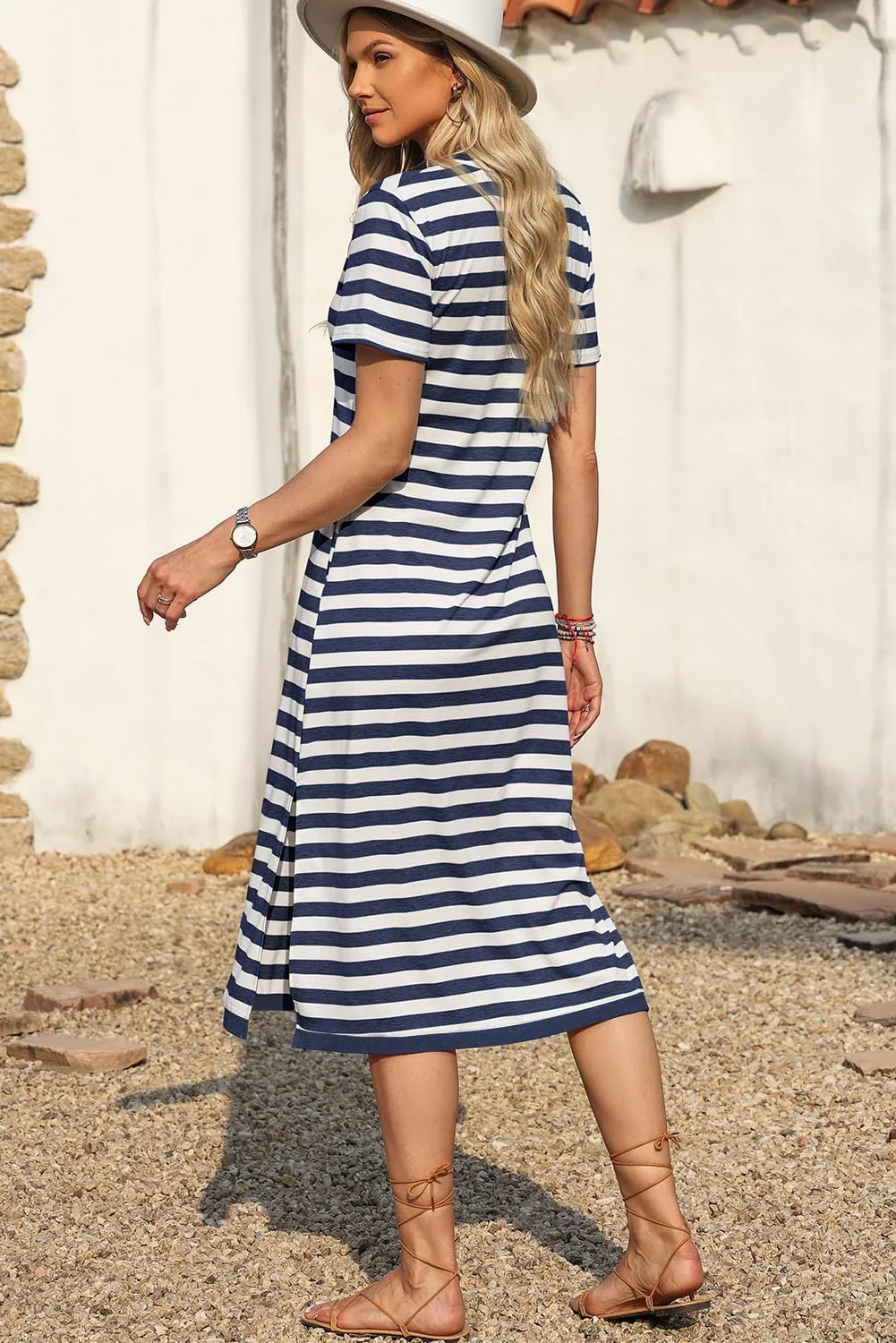 MARZXIN Women 2025 Casual Maxi Dress Short Sleeve V Neck Stripe Sundress Split Loose Long Summer Tshirt Activewear Dress