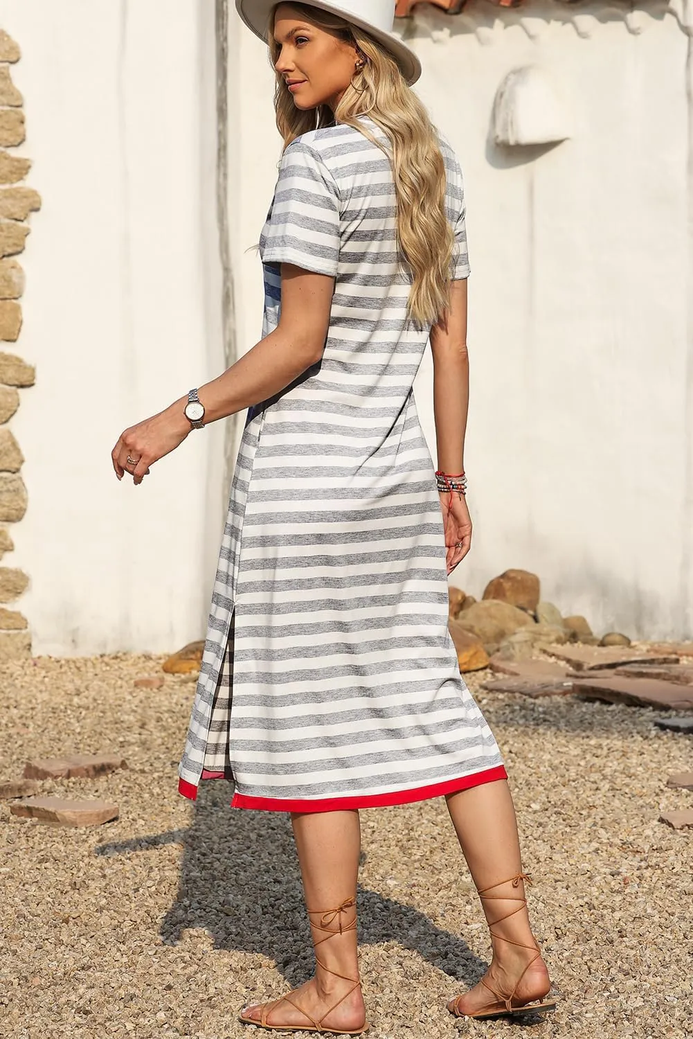 MARZXIN Women 2025 Casual Maxi Dress Short Sleeve V Neck Stripe Sundress Split Loose Long Summer Tshirt Activewear Dress